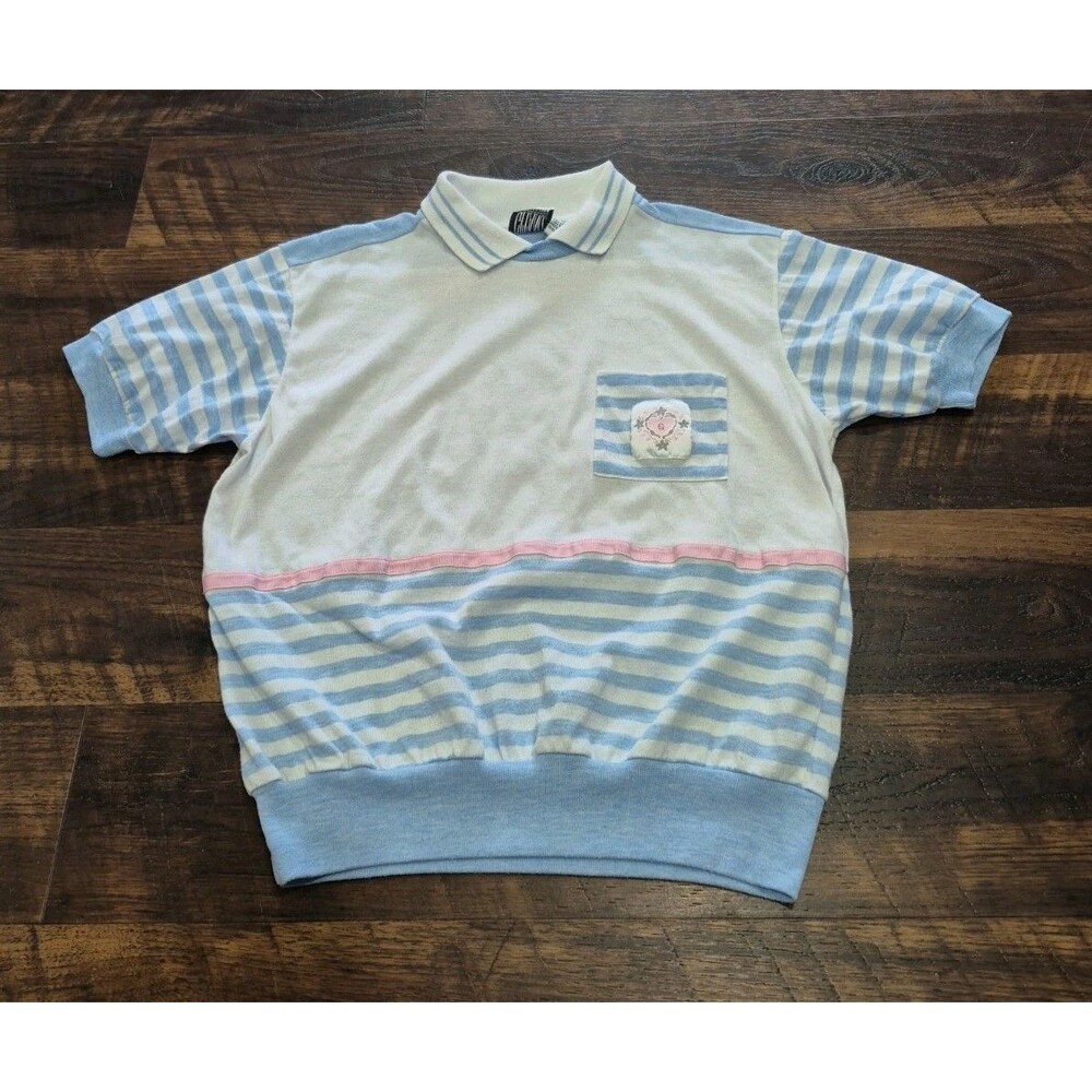 Gitano Collections 90s Y2K Blue,pink & White Stripe Vintage Collared Shirt